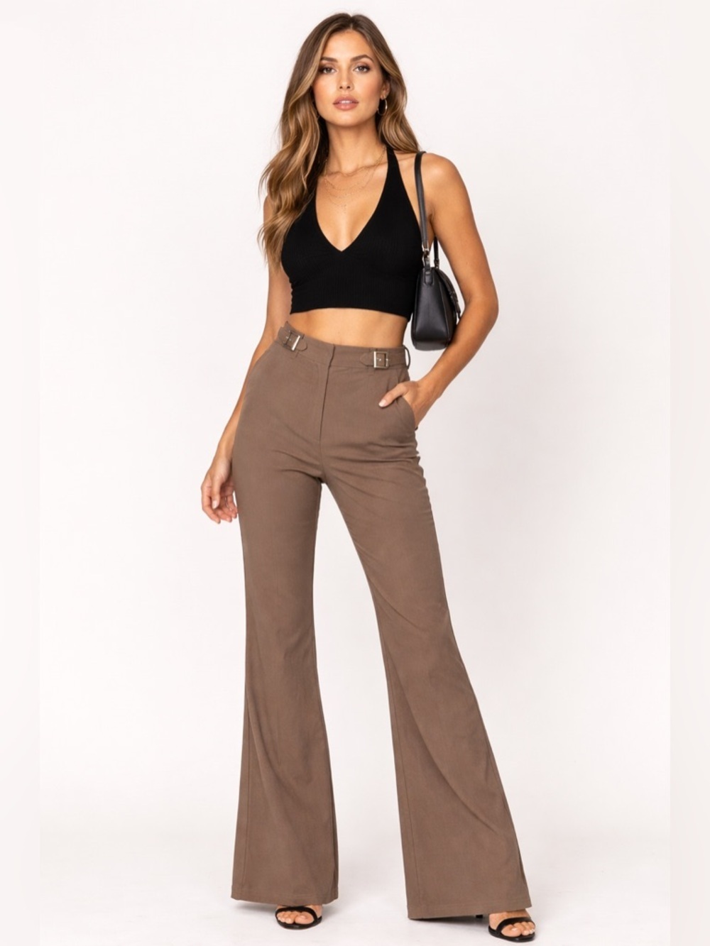 White Fox‎ Boutique Satisfy Me Flare Pants Mocha Tan High Waisted Buckle Sz S